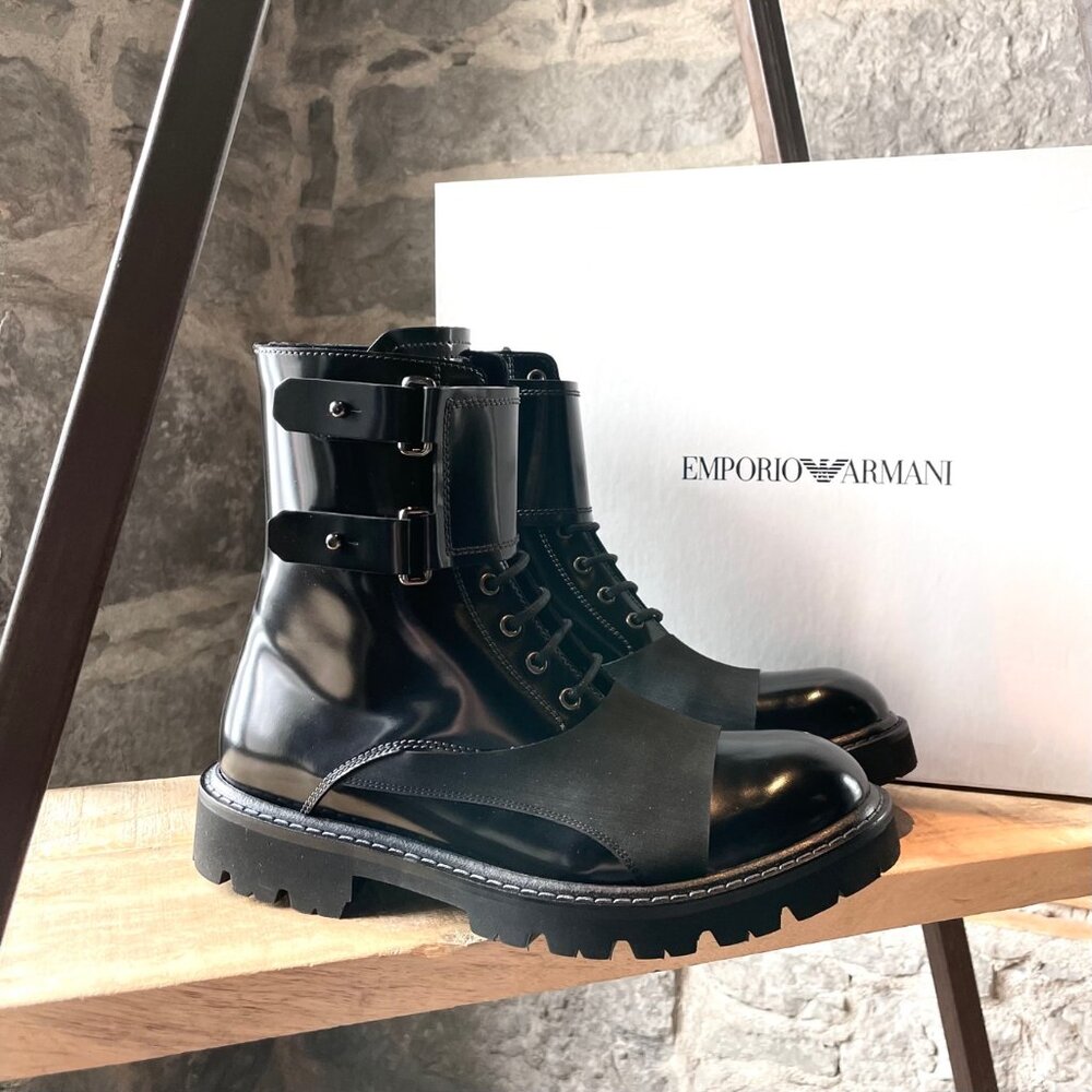 Emporio Armani Black Patent Leather Combat Boots